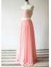 Long Coral Beaded Chiffon Ivory Satin Sash Prom Dress